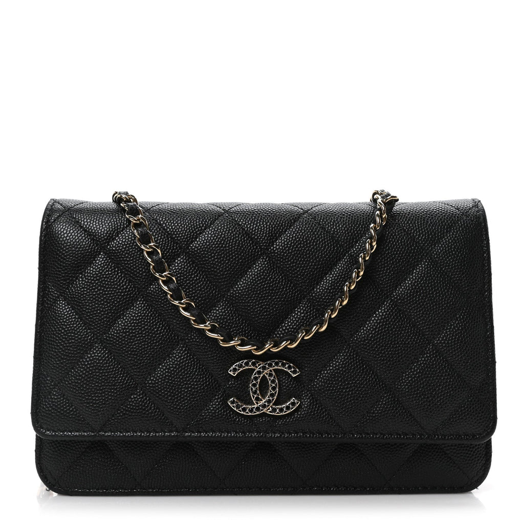 Shiny Caviar Quilted Strass CC Wallet On Chain WOC Black