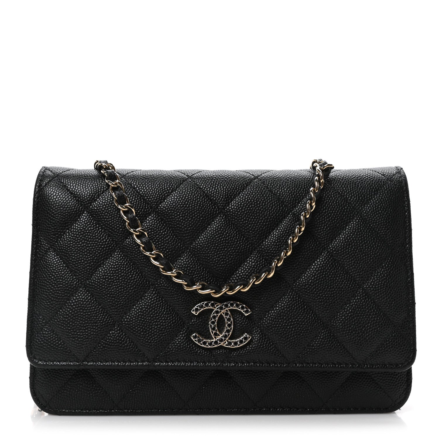 Shiny Caviar Quilted Strass CC Wallet On Chain WOC Black