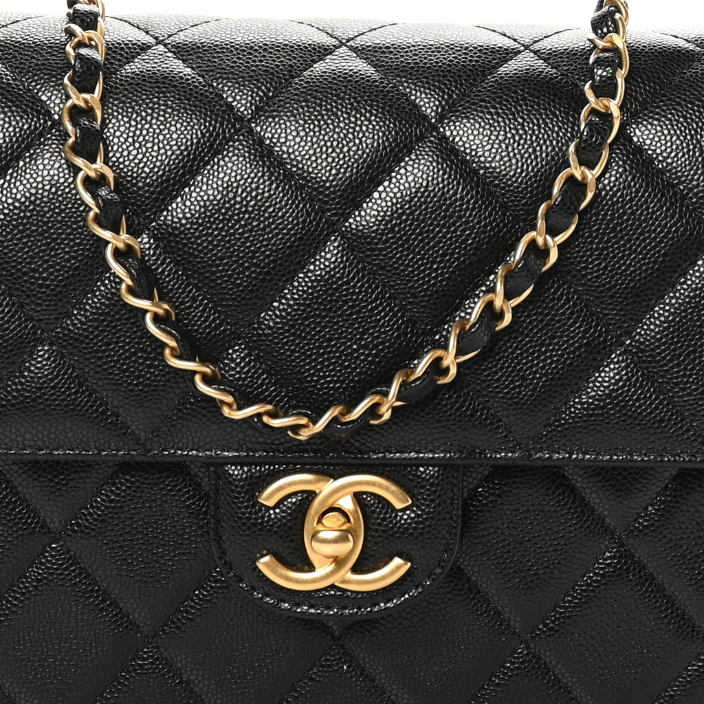Shiny Caviar Quilted Small Top Handle Flap  Black