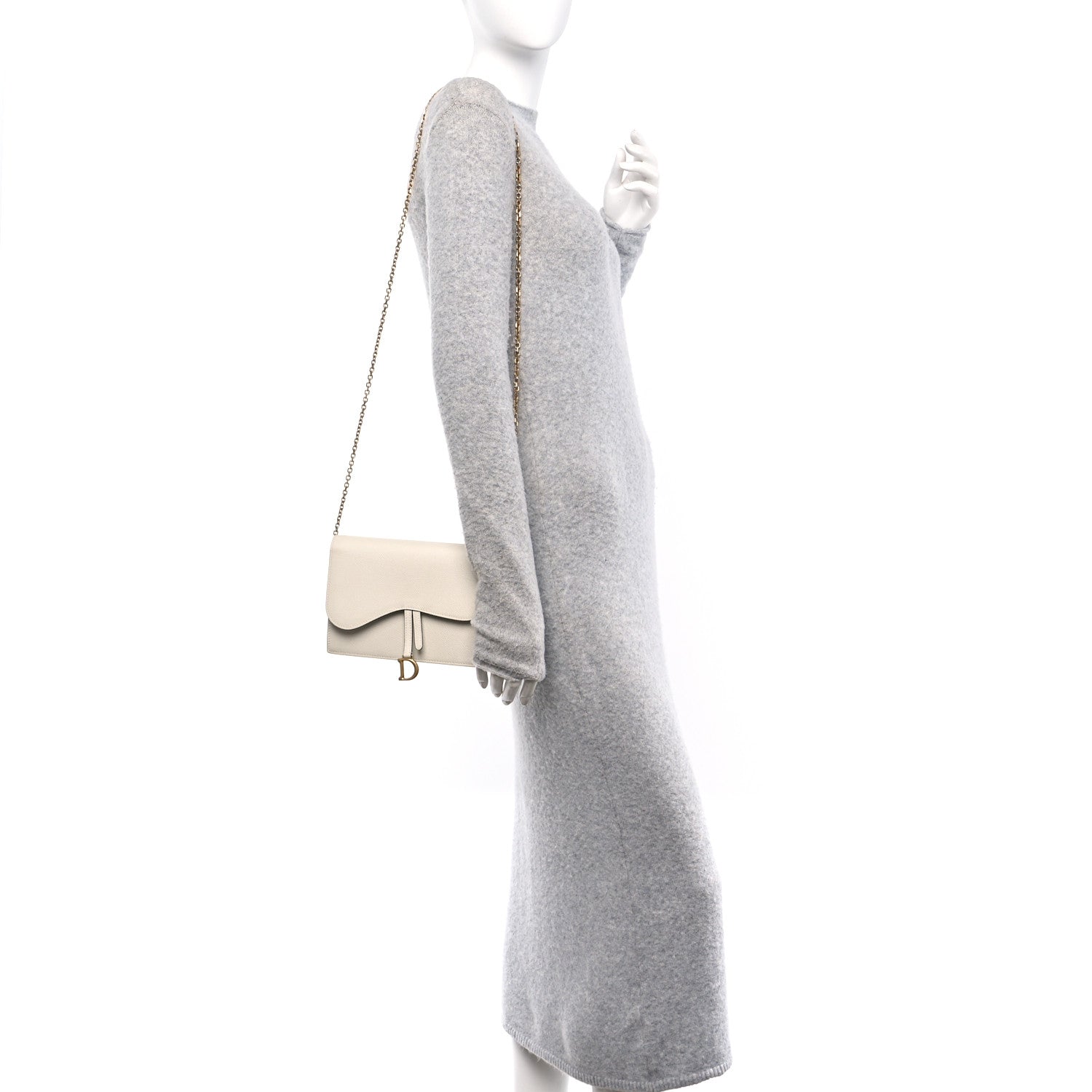 Grained Calfskin Saddle Chain Pouch Off White