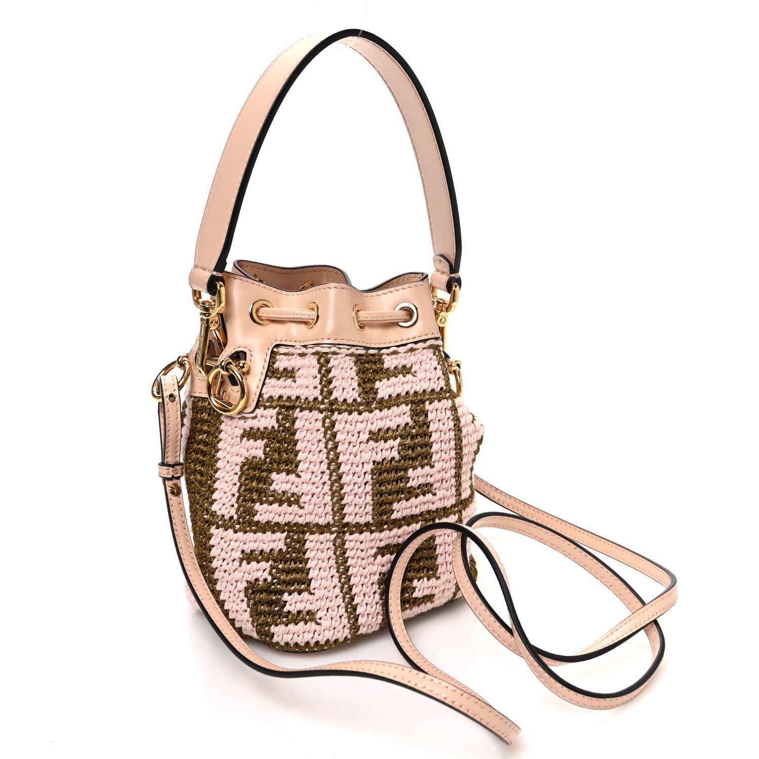 Raffia Vitello King F is Fendi FF Crochet Mini Mon Tresor Bucket Bag Natural Light Rose