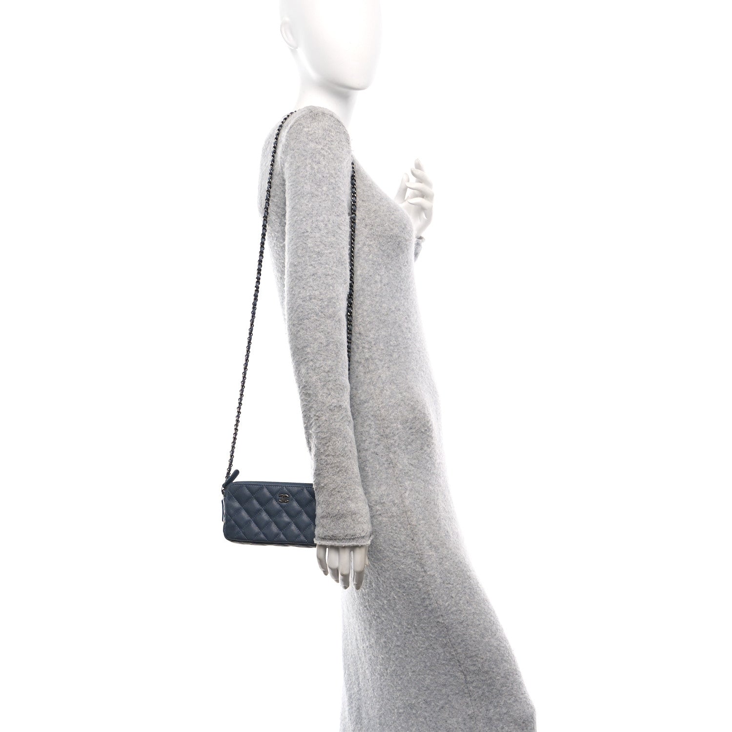 Caviar Quilted Small Clutch With Chain Grey