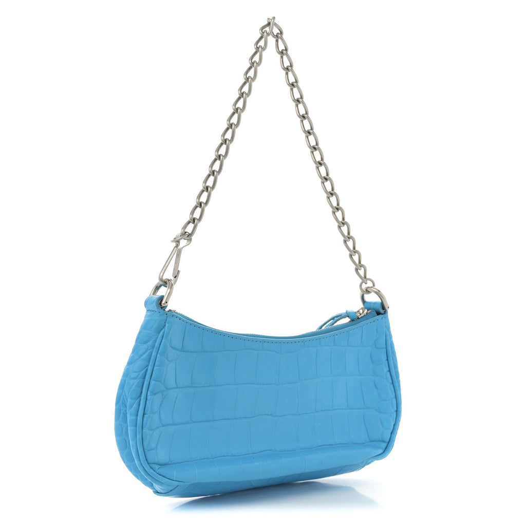 Extra Supple Calfskin Crocodile Embossed Crystal Mini Le Cagole Purse With Chain Cyan