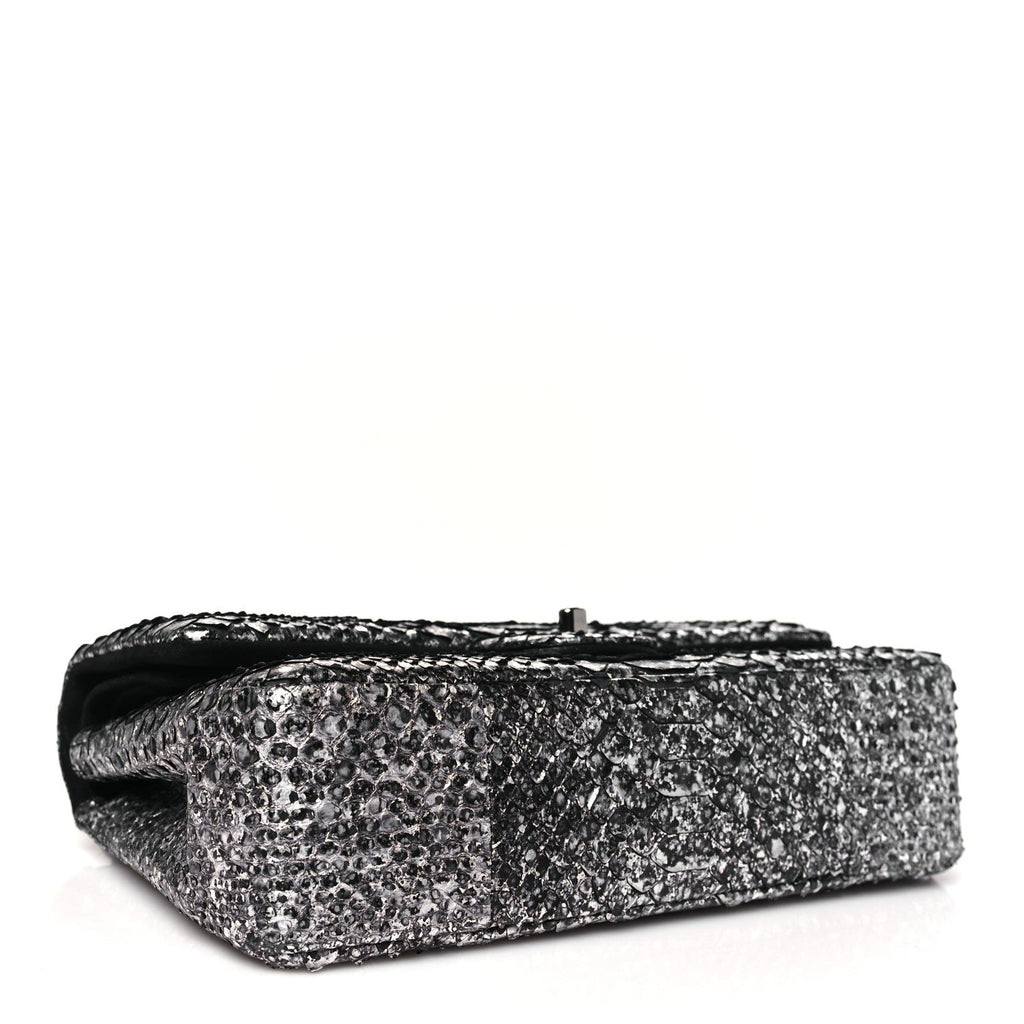 Metallic Snakeskin Medium Double Flap Black Silver