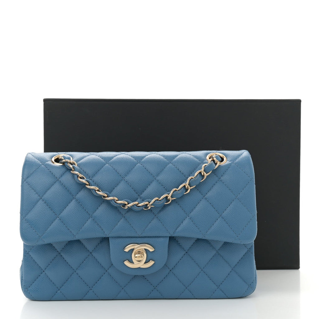 Caviar Quilted Small Double Flap Blue