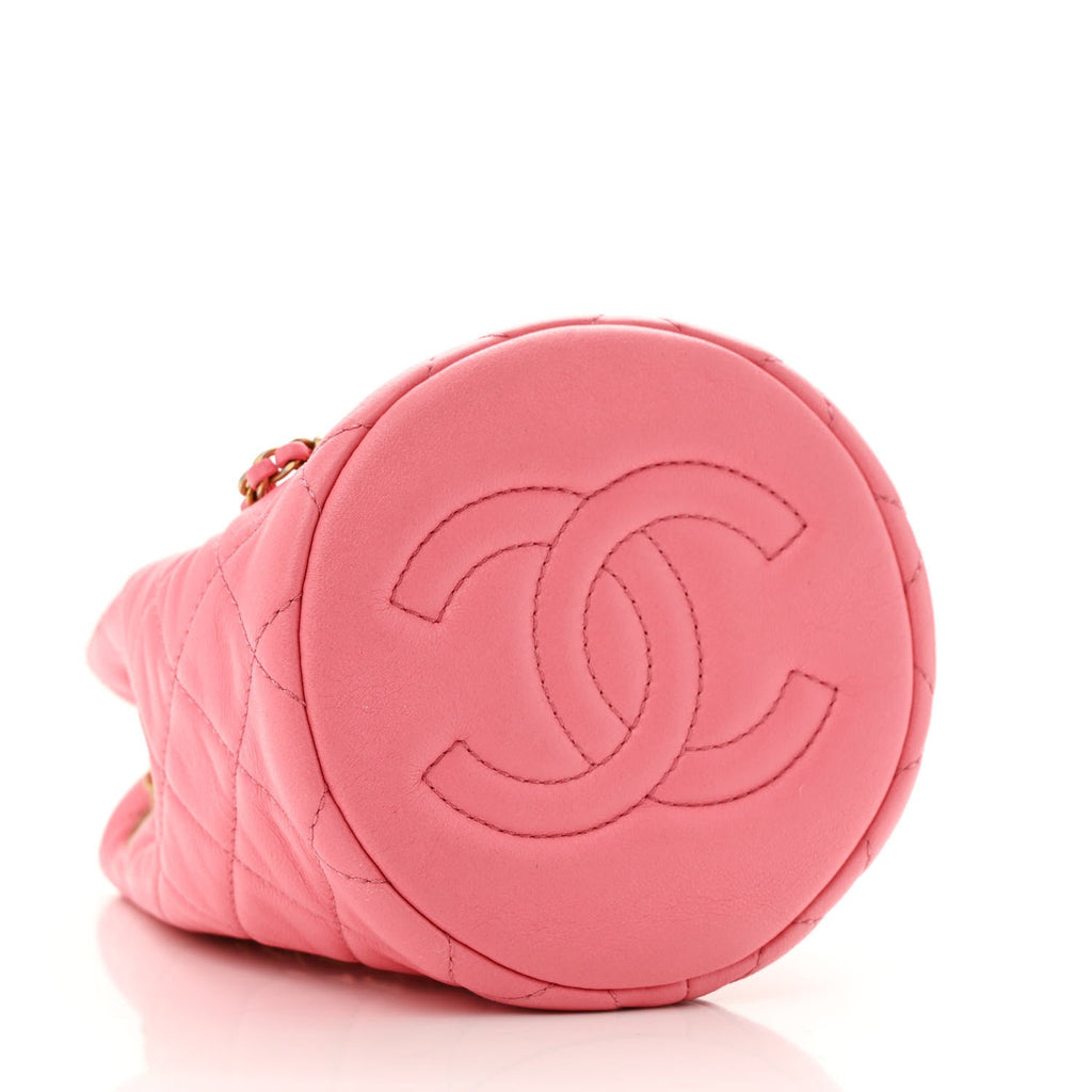 Lambskin Quilted Pearl Crush Drawstring Bag Pink