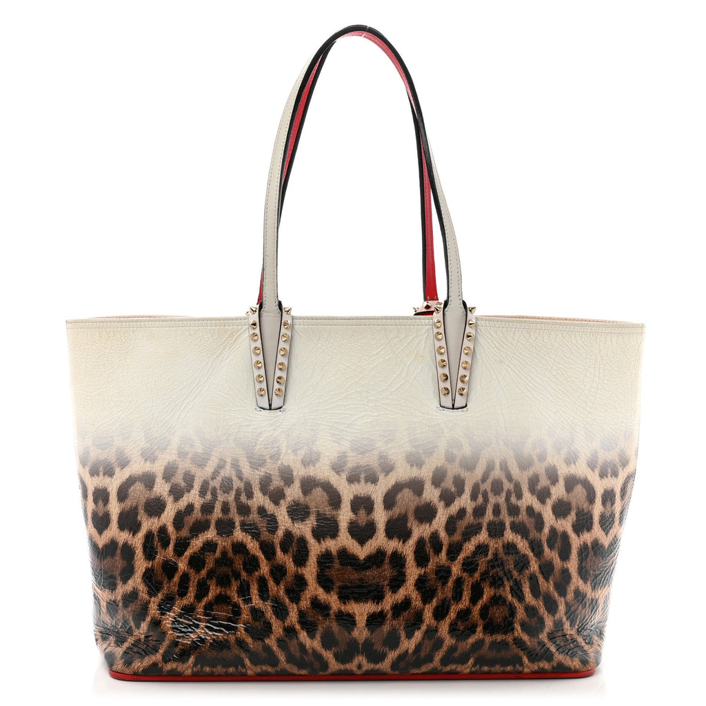 Calfskin Degrade Leopard Print Spikes East West Cabata Tote White Multi