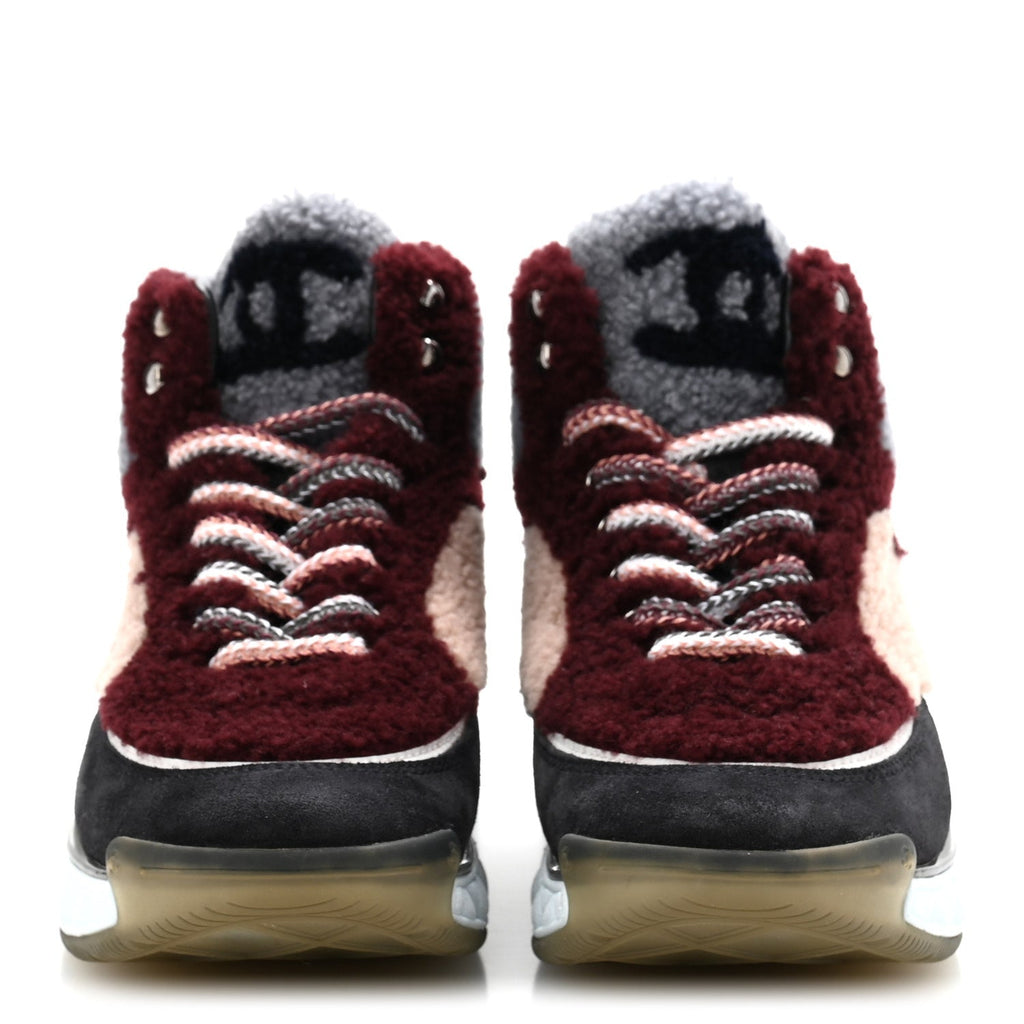 Shearling Lambskin Suede CC High Top Sneakers 36.5 Grey Pink Burgundy