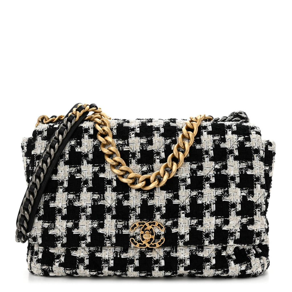 Tweed Quilted Maxi Chanel 19 Flap Black Ecru White