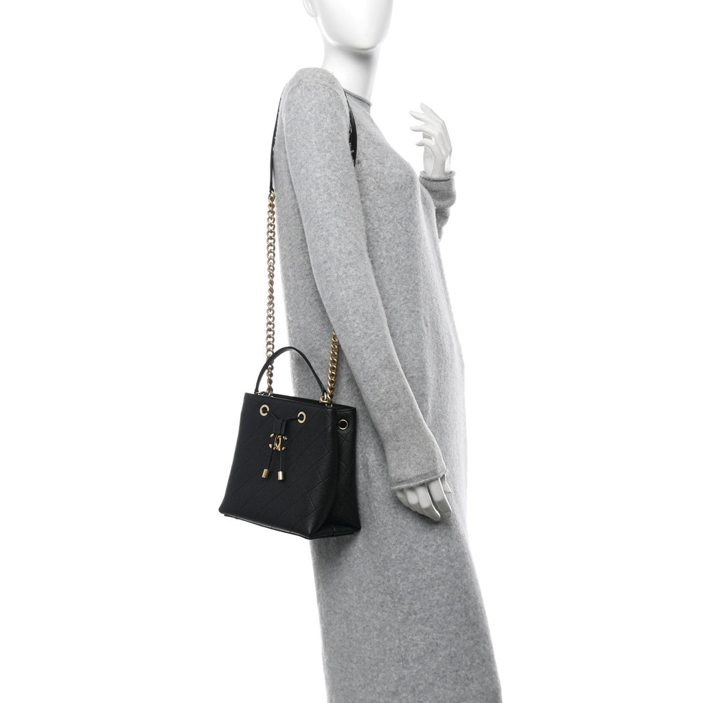 Grained Calfskin Stitched Small Drawstring Bag Black