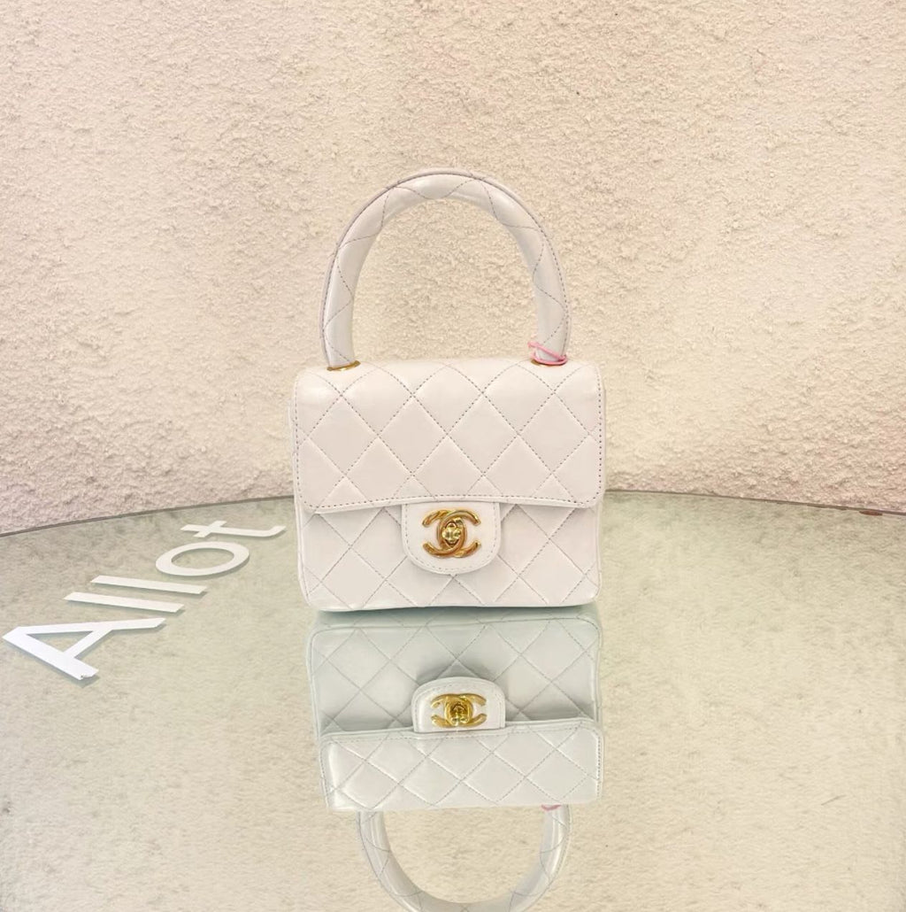 Chanel White Quilted Lambskin CC Top Handle Mini Kelly Bag Gold Hardware, 1994