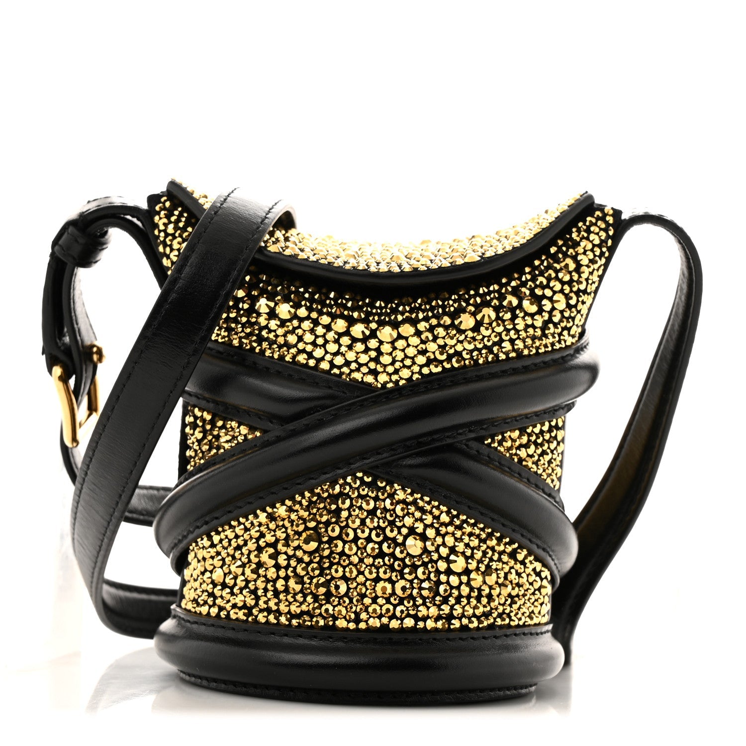 Metallic Calfskin Crystal Micro Curve Bucket Bag Gold Black