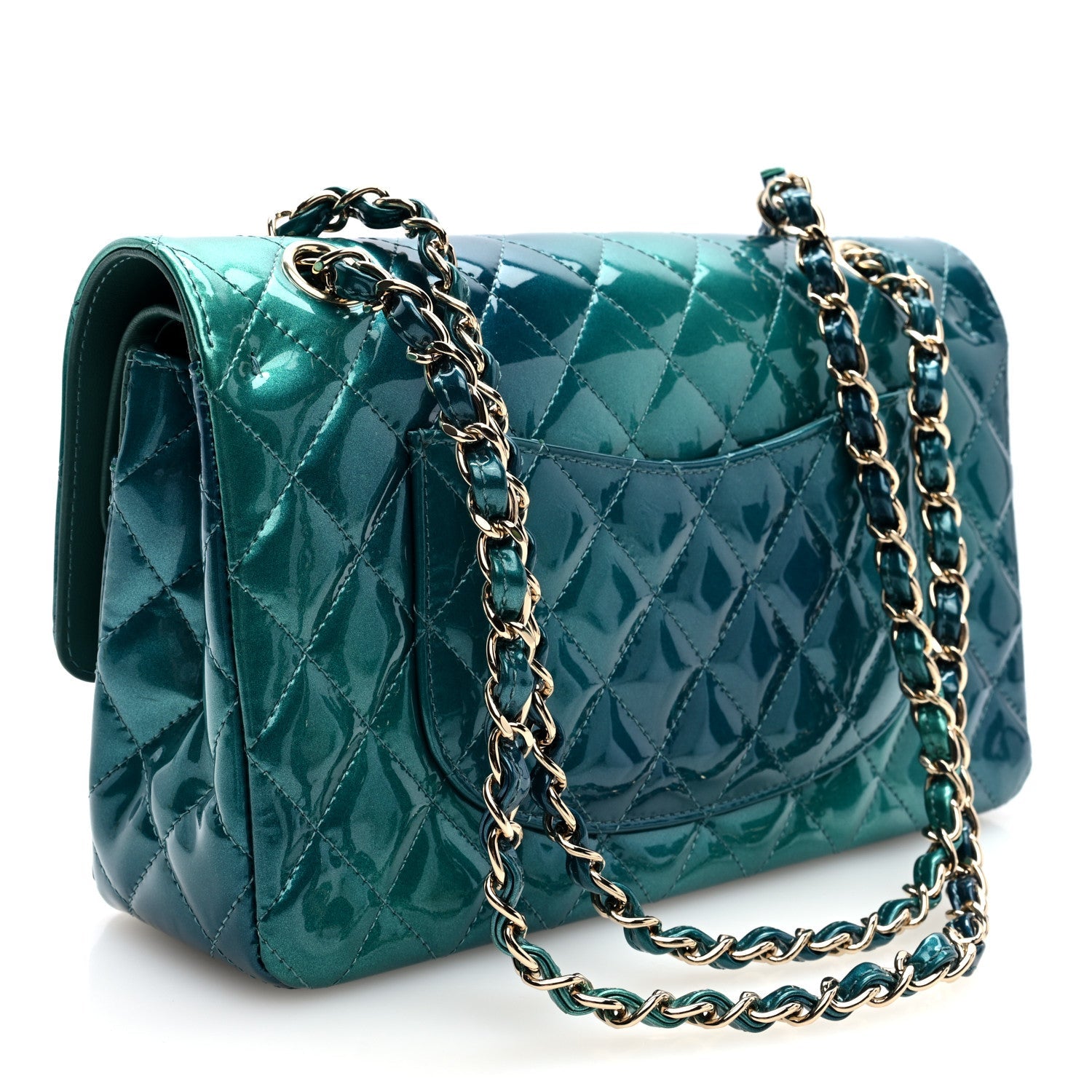 Shaded Patent Calfskin Quilted Medium Double Flap Green Blue