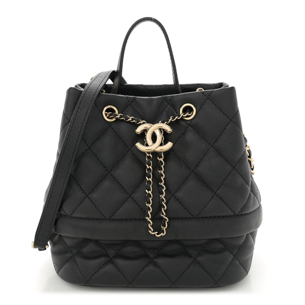 Caviar Quilted Rolled Up Bucket Drawstring Bag Black