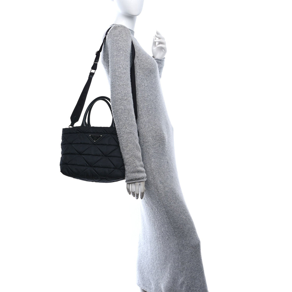 Re-Nylon Nappa Triangle Quilted Padded Small Double Handled Zip Tote Black
