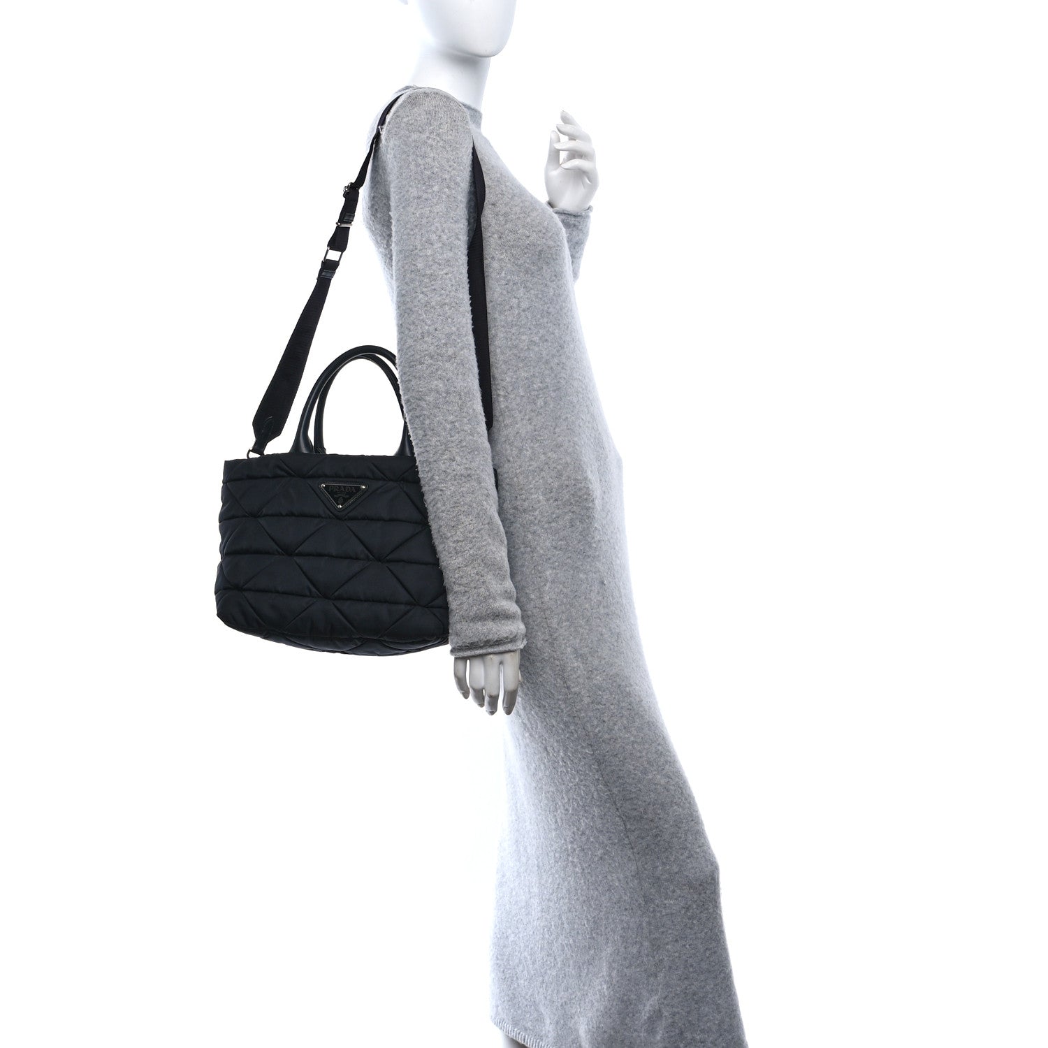 Re-Nylon Nappa Triangle Quilted Padded Small Double Handled Zip Tote Black