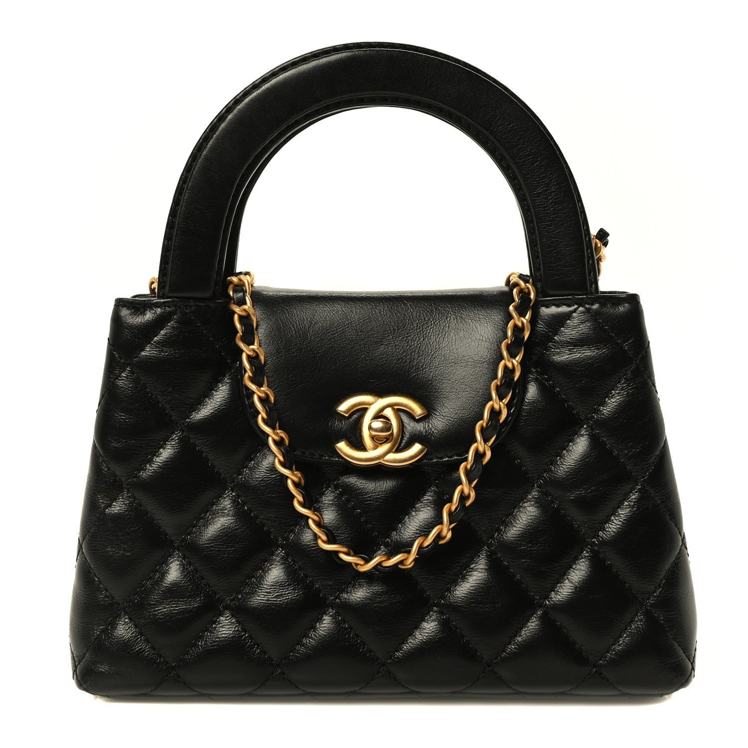 Shiny Aged Calfskin Quilted Nano Kelly Shopper Black