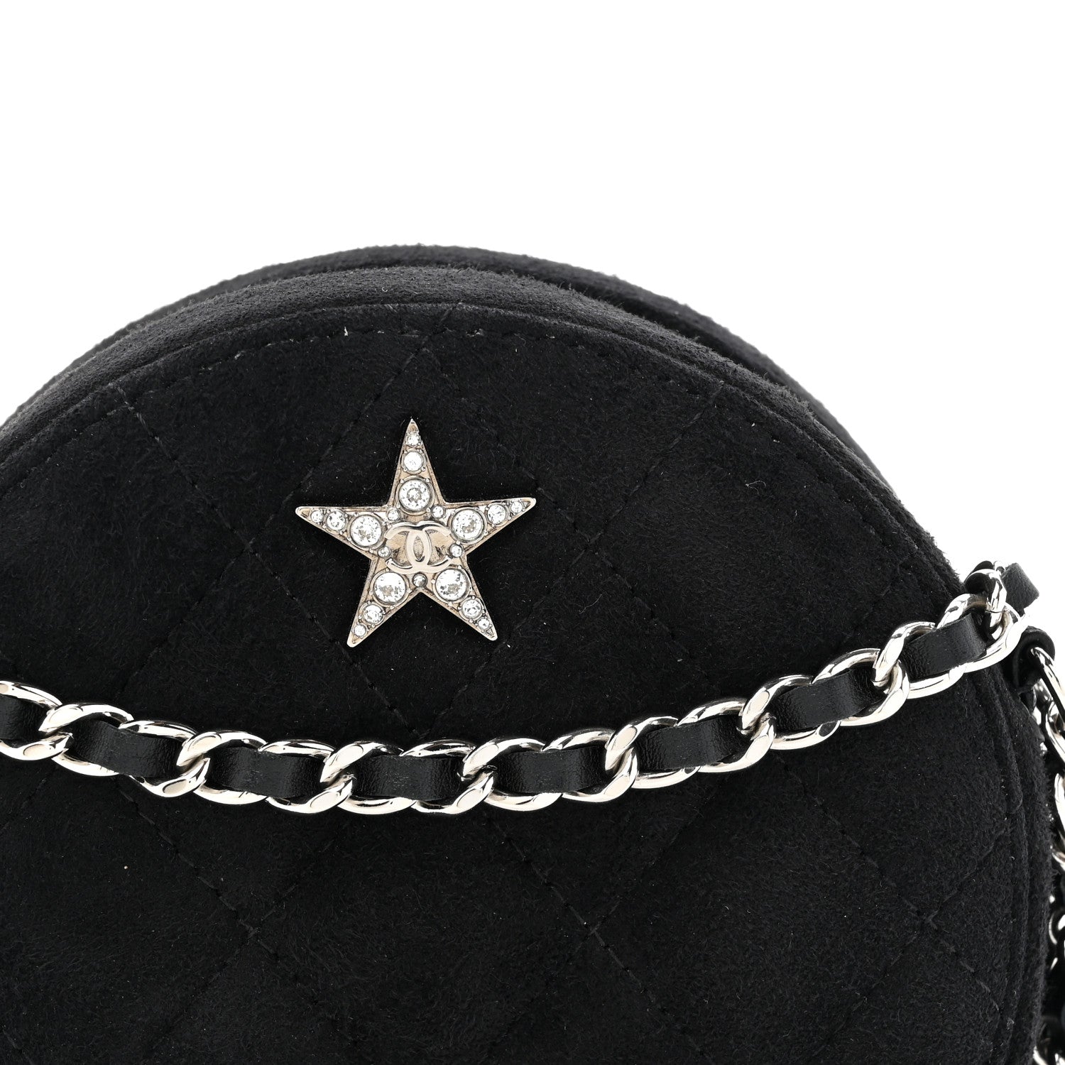 Suede Quilted Crystal Round Clutch With Logo Chain Black