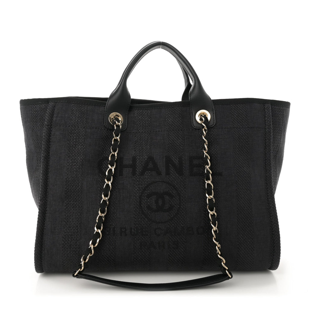 Mixed Fibers Calfskin Striped Medium Deauville Tote Black