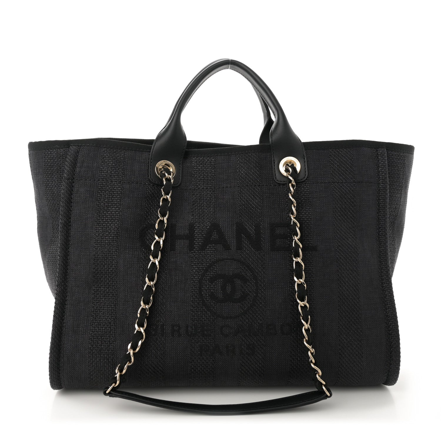 Mixed Fibers Calfskin Striped Medium Deauville Tote Black