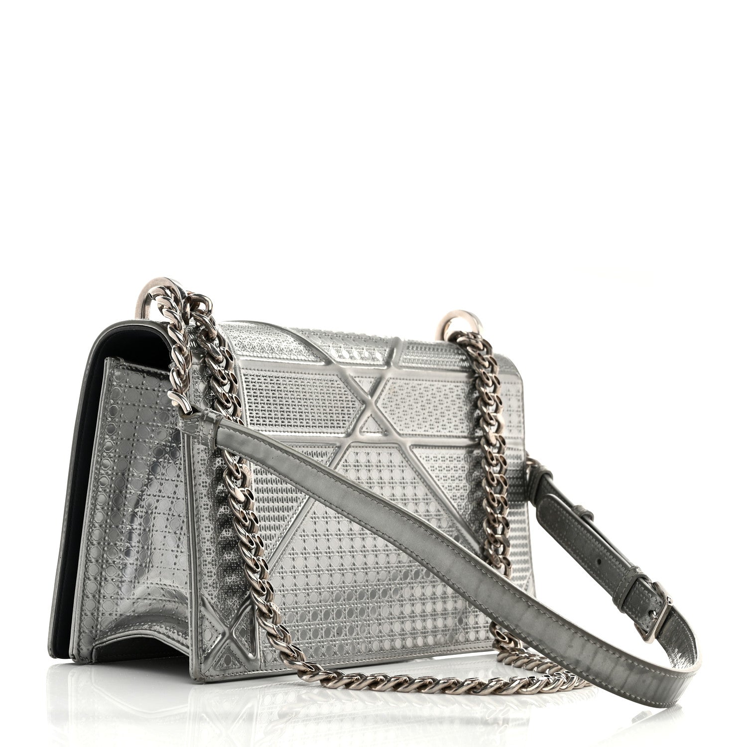 Metallic Patent Micro-Cannage Medium Diorama Flap Bag Silver
