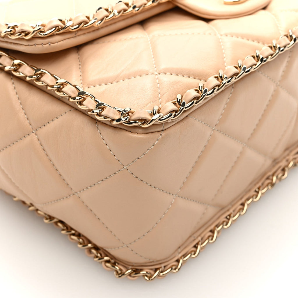Crumpled Calfskin Medium Chain All Over Flap Beige
