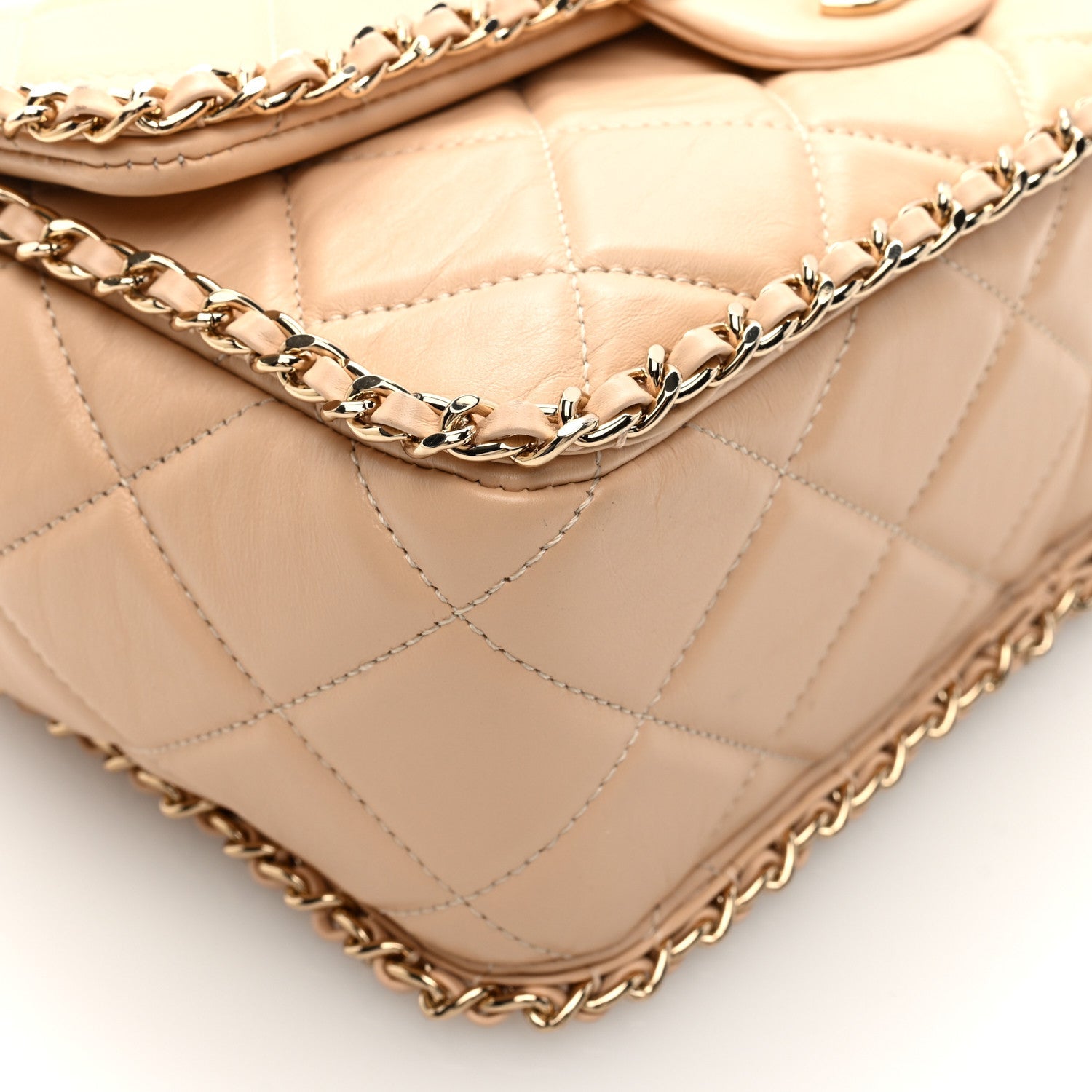 Crumpled Calfskin Medium Chain All Over Flap Beige