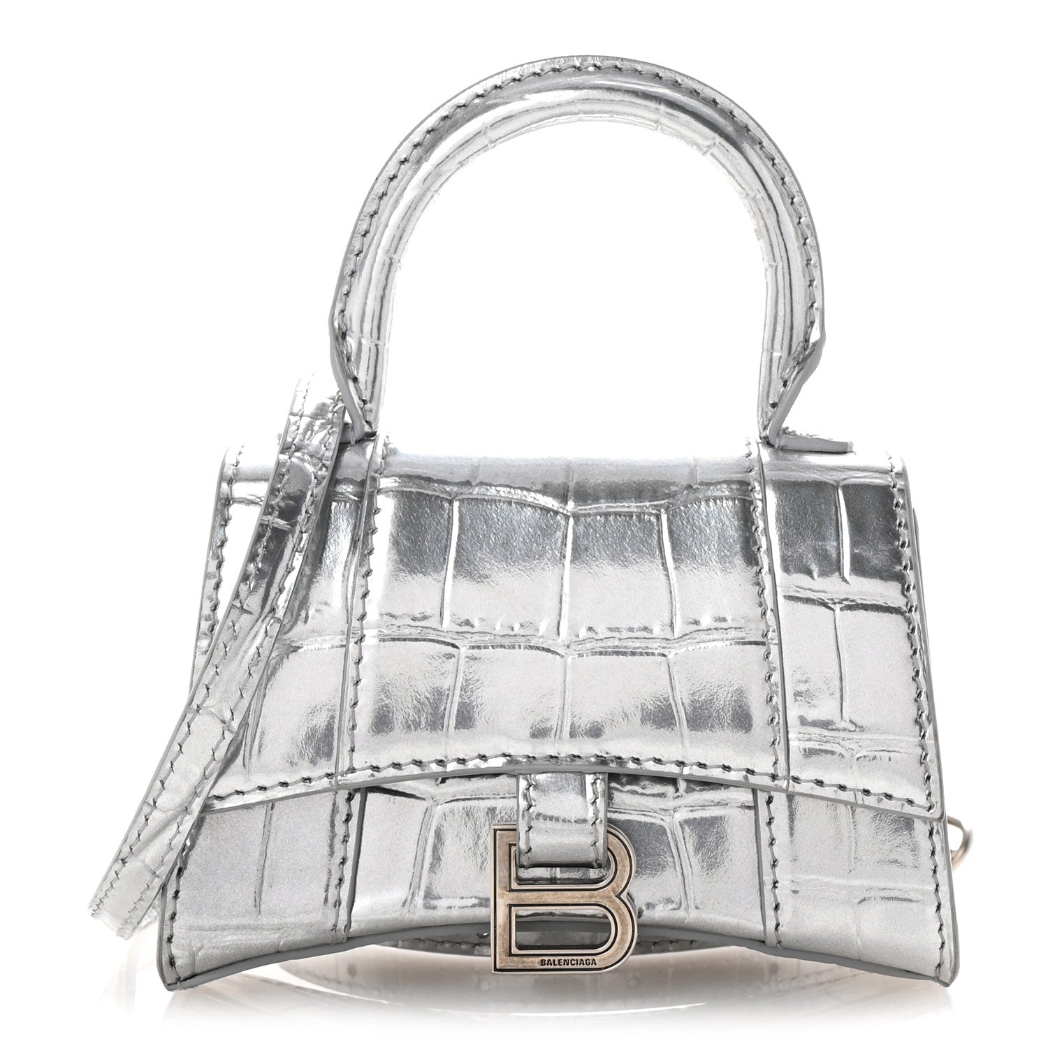 Metallic Calfskin Crocodile Embossed Hourglass Top Handle Bag Mini Silver