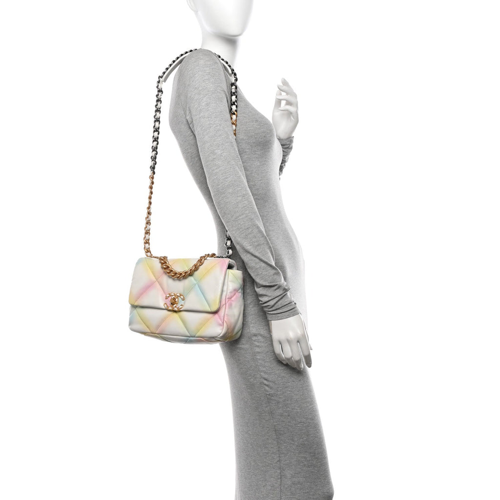 Printed Goatskin Quilted Medium Chanel 19 Flap White Multicolor