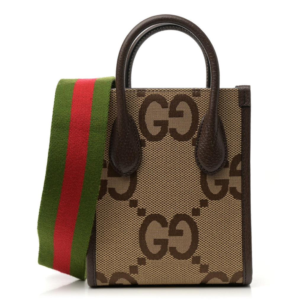 Monogram Jumbo GG Textured Dollar Calfskin Web Mini Vertical Tote Camel Ebony New Acero