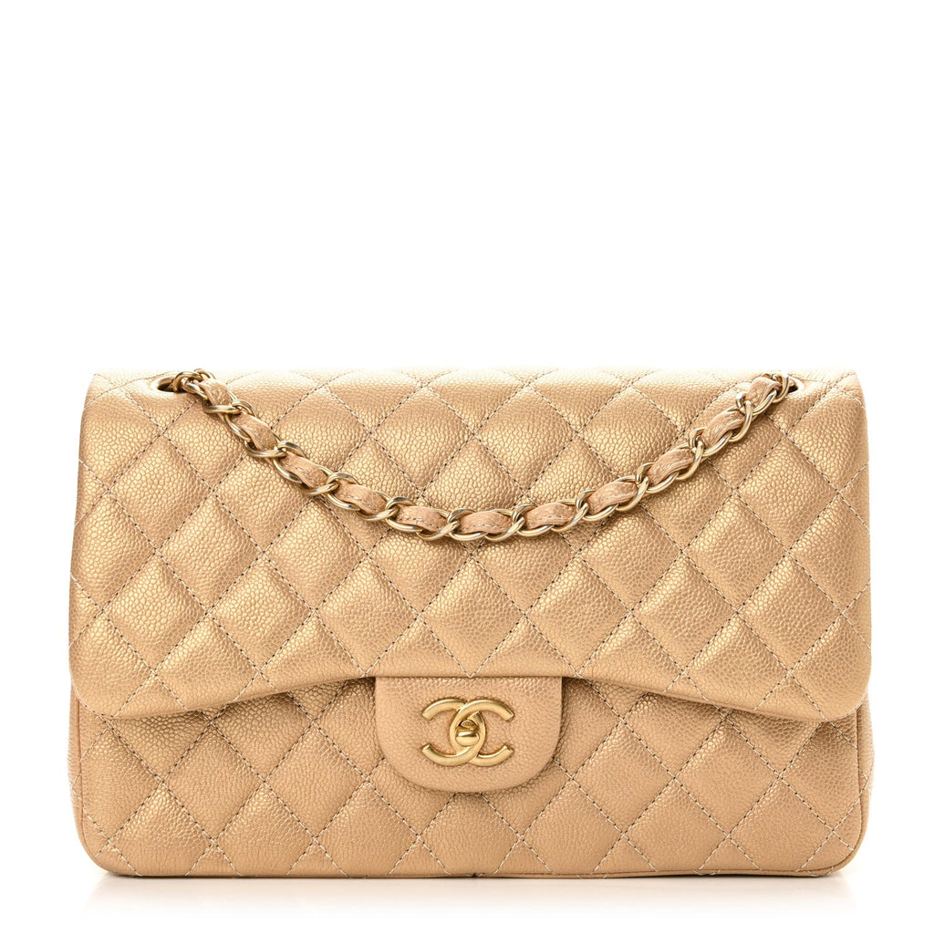 Pearly Caviar Quilted Jumbo Double Flap Gold