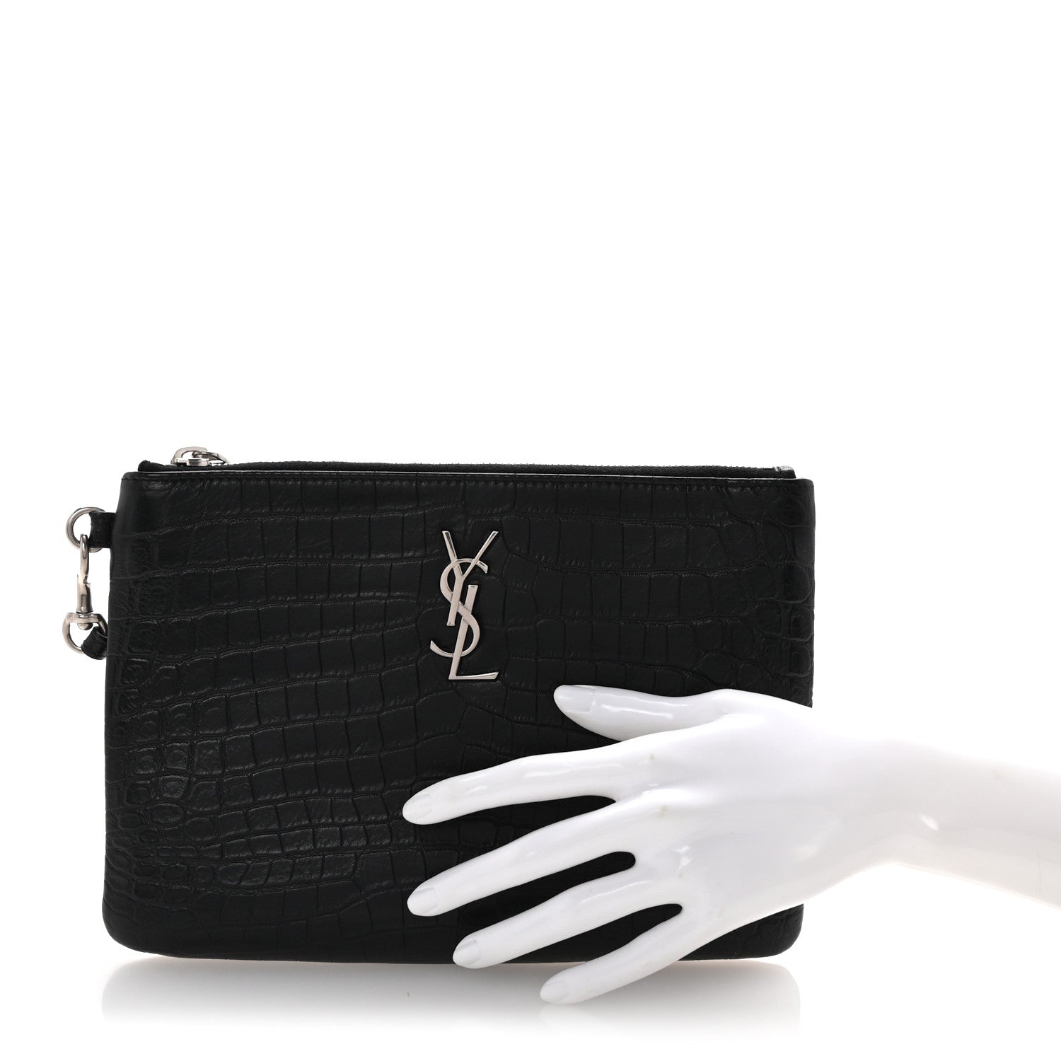 Calfskin Crocodile Embossed Monogram Zip Pouch Black