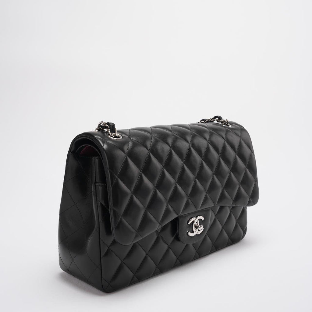 Chanel Classic Flap Bag Lambskin Black Bag Jumbo in Silver Hardware