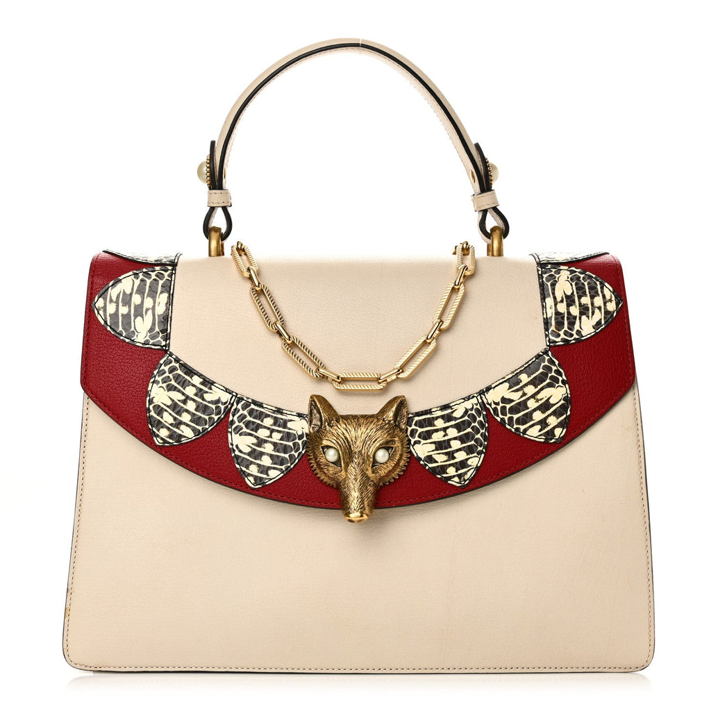 Goatskin Elaphe Pearl Medium Fox Broche Top Handle Bag Hibiscus Red Mystic White