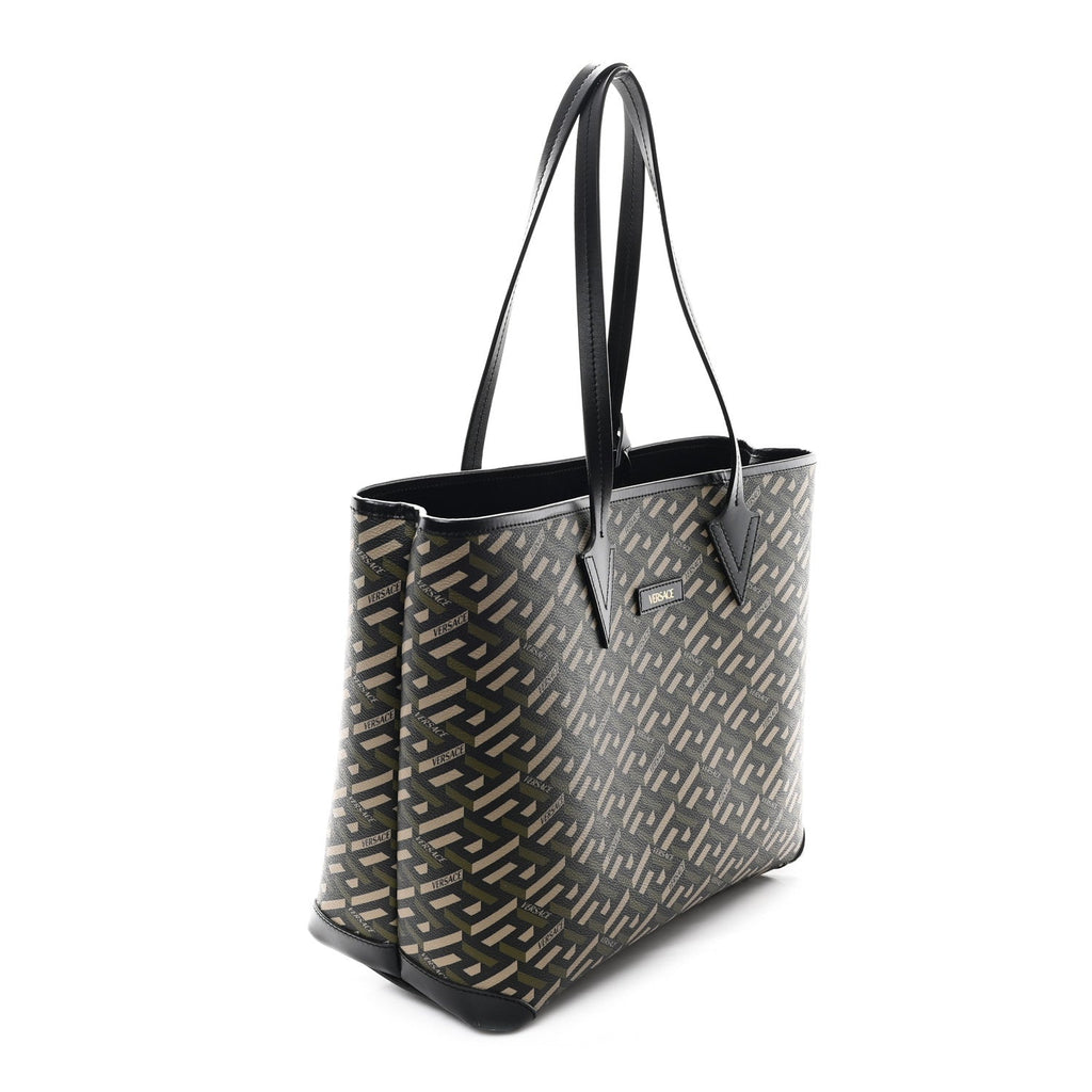Canvas Calfskin Monogram La Greca Medusa Tote Black Khaki