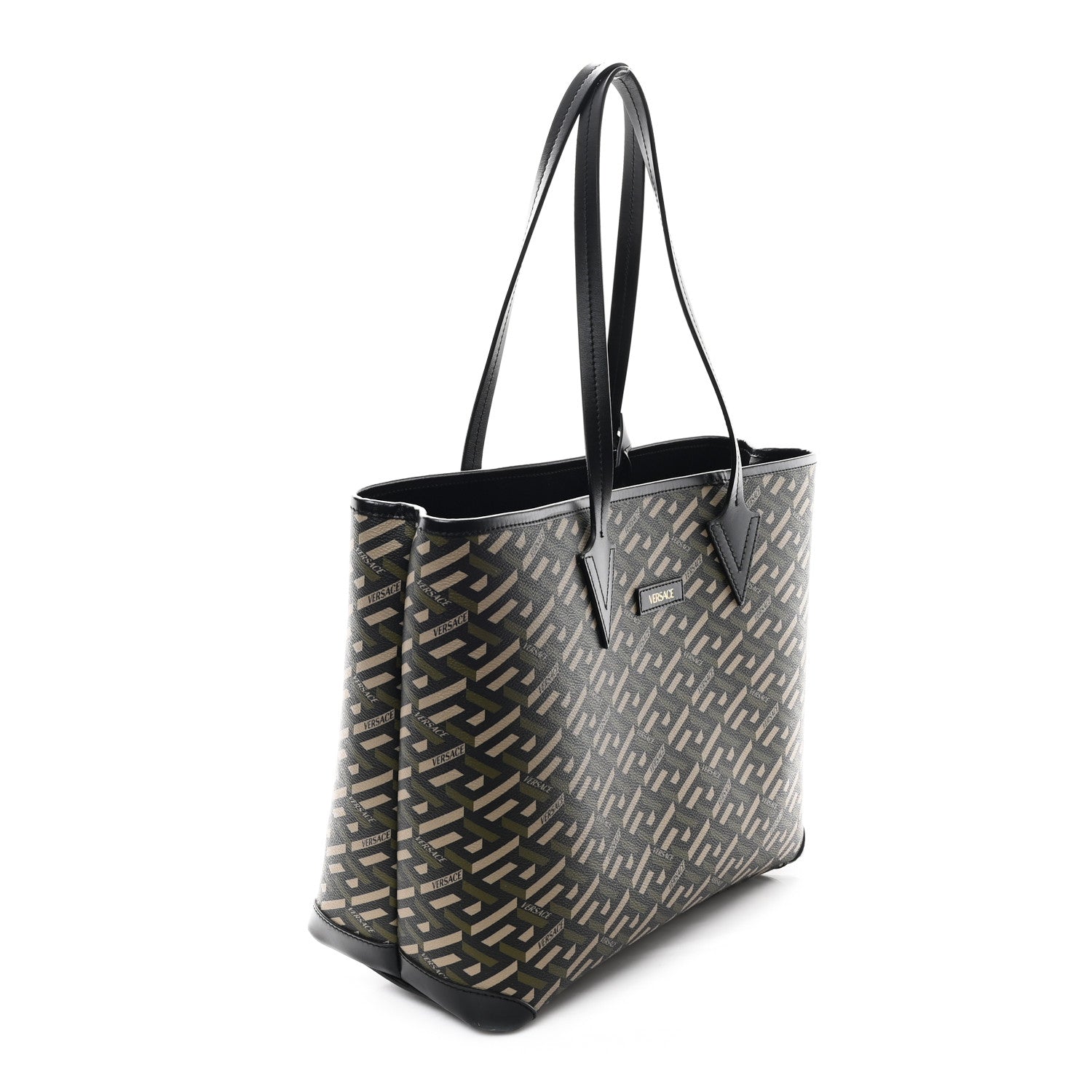 Canvas Calfskin Monogram La Greca Medusa Tote Black Khaki