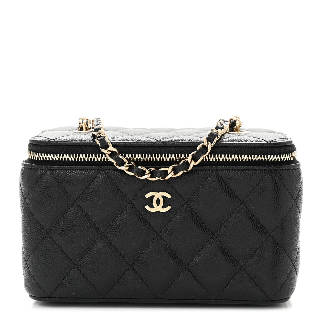 Caviar Quilted Small Vanity Case With Chain Black