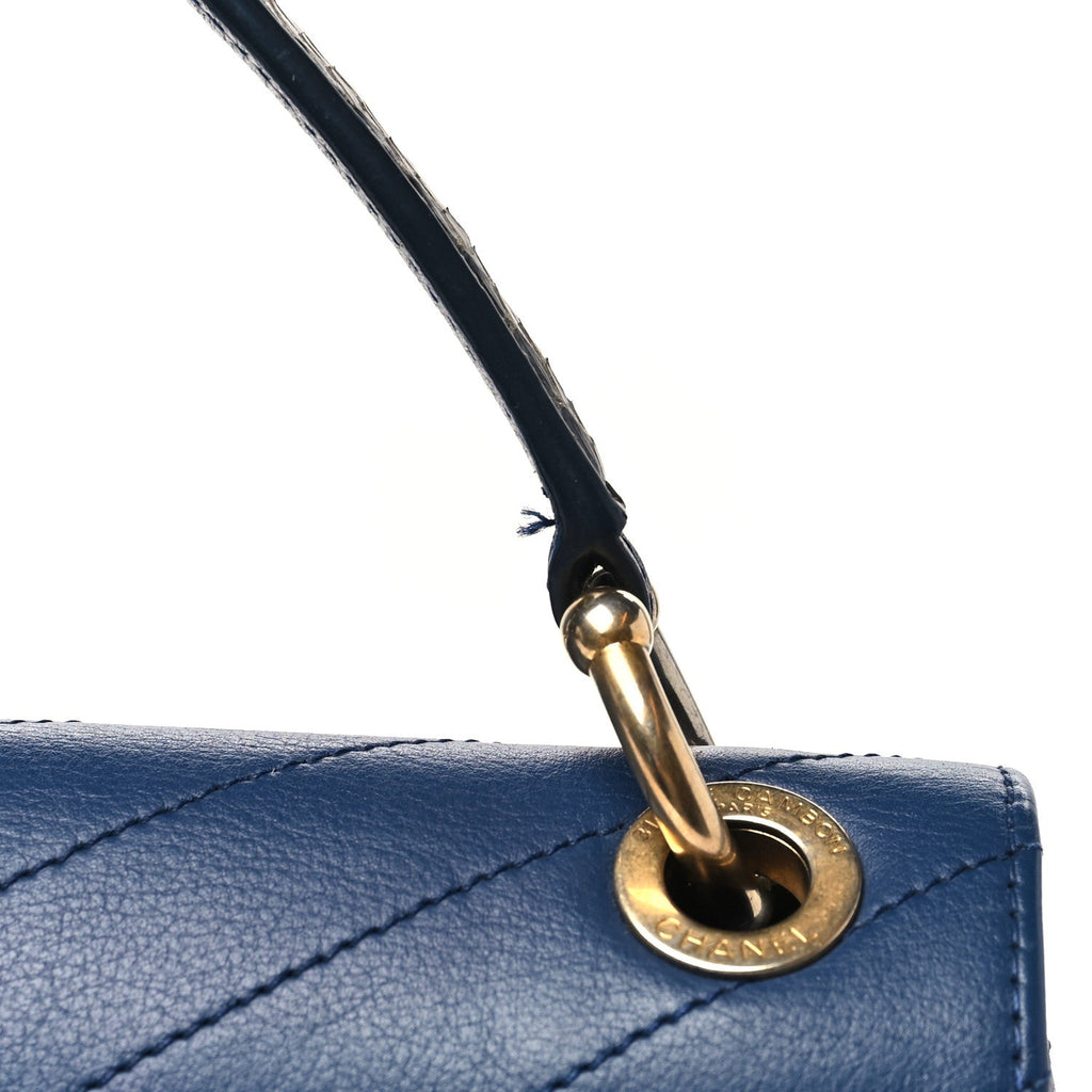 Grained Calfskin Snakeskin Small Chevron Chic Top Handle Flap Blue
