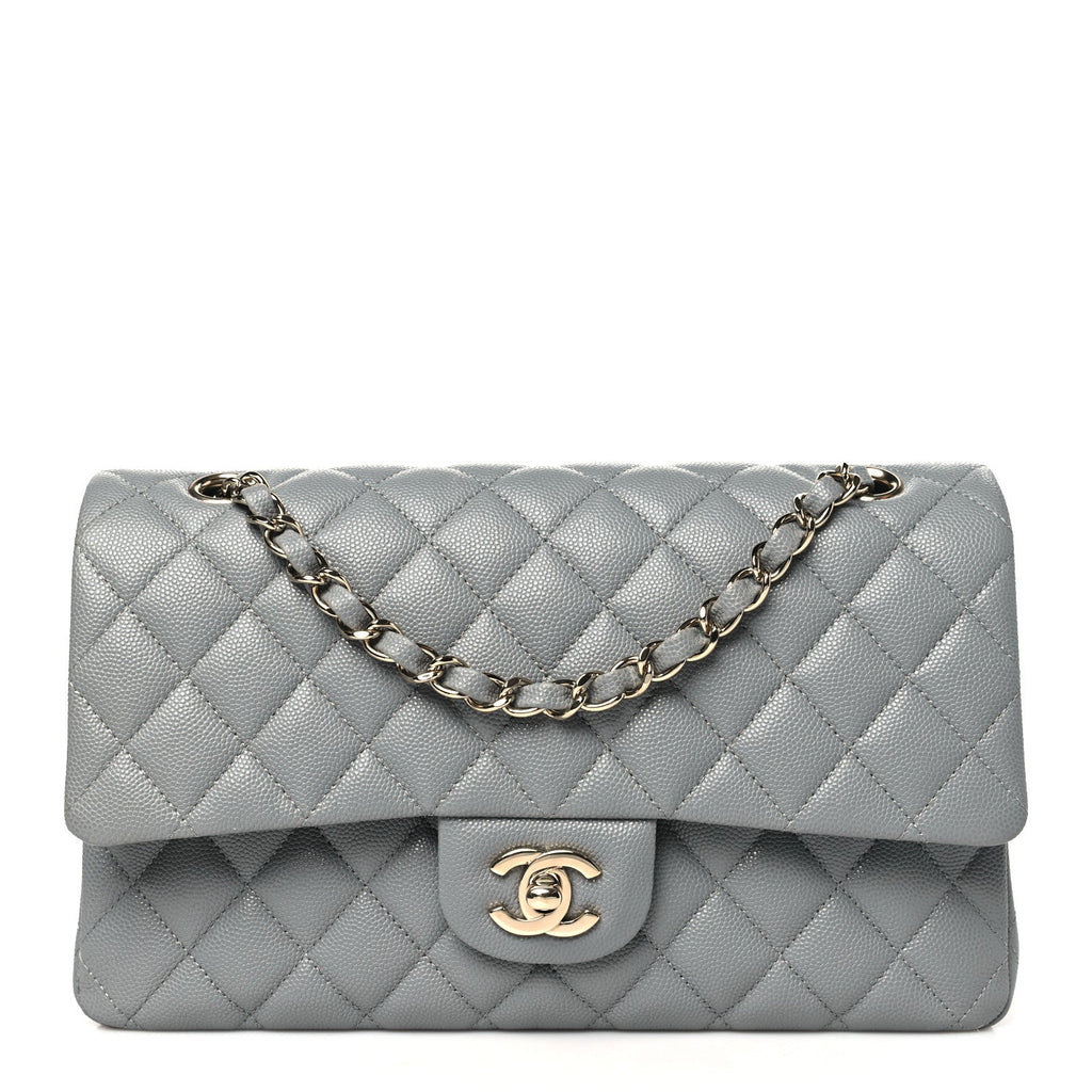 Caviar Quilted Medium Double Flap Grey