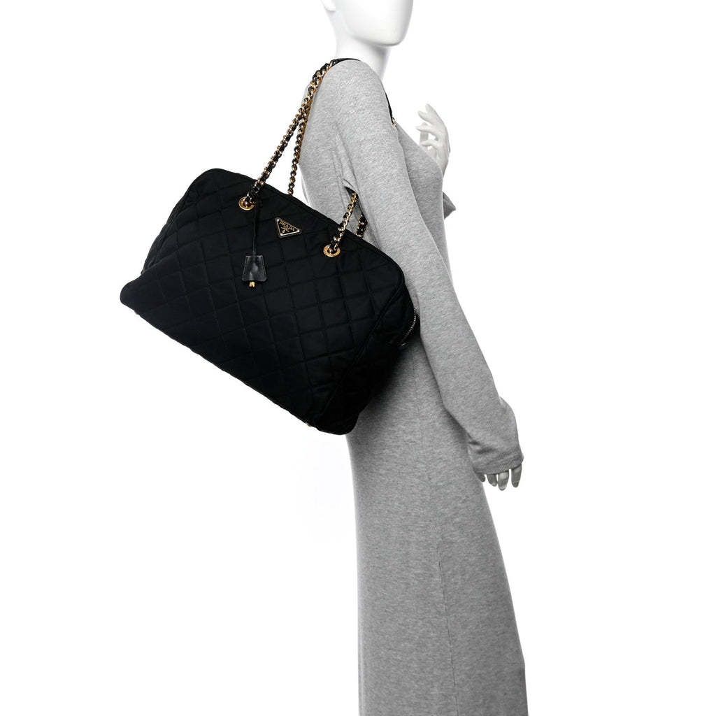 Nylon Tessuto Impuntu Quilted Large Shoulder Bag Black