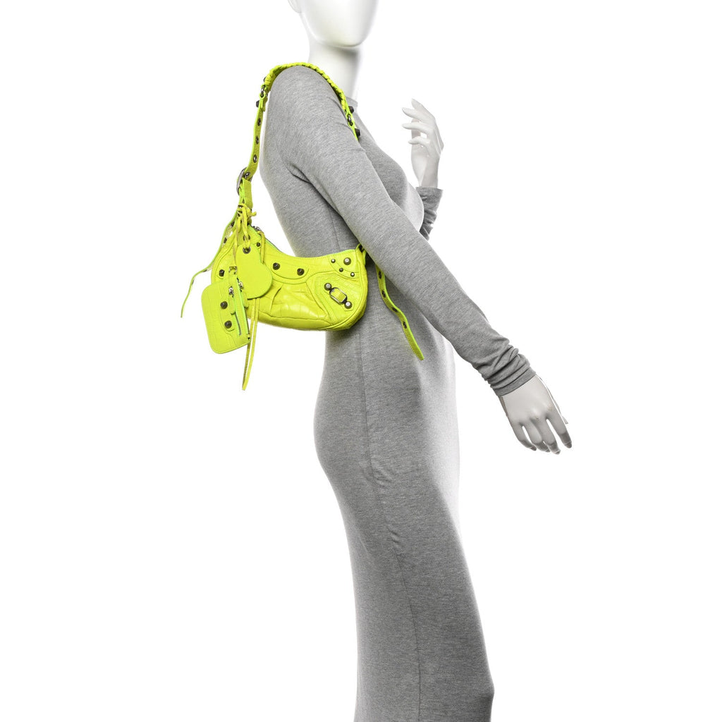 Extra Supple Calfskin Crocodile Embossed Le Cagole Shoulder Bag XS Fluo Yellow