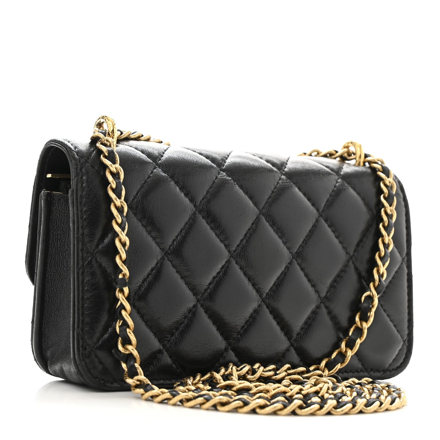 Lambskin Quilted Dynasty Flap Phone Holder With Chain Black