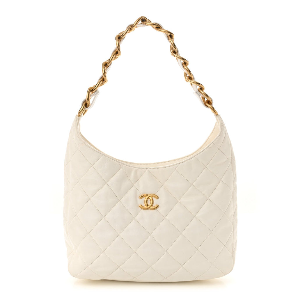 Lambskin Quilted Large CC Funky Town Hobo White