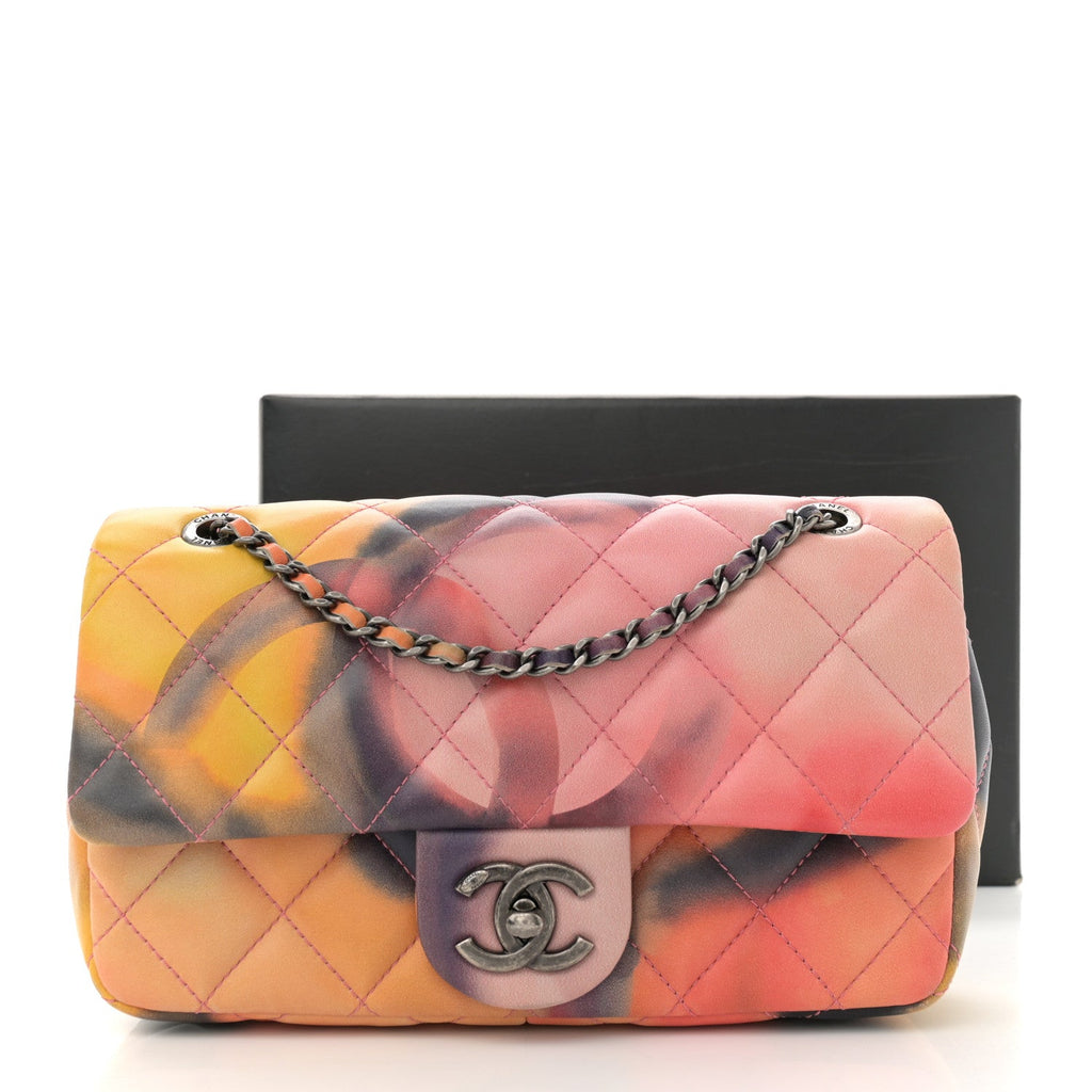 Printed Lambskin Quilted Small Flower Power Flap Ecru Orange Red Purple