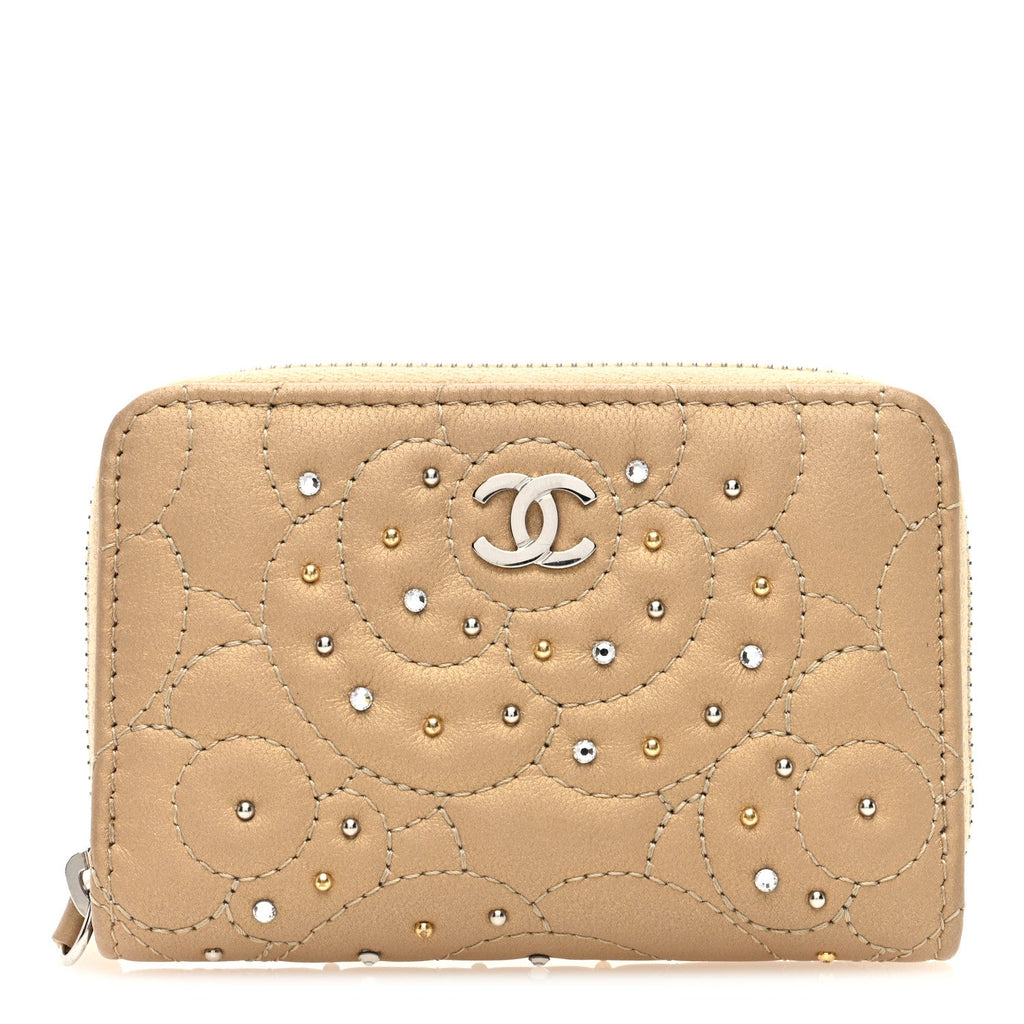 Metallic Lambskin Crystal Camellia Embossed Zip Coin Purse  Gold