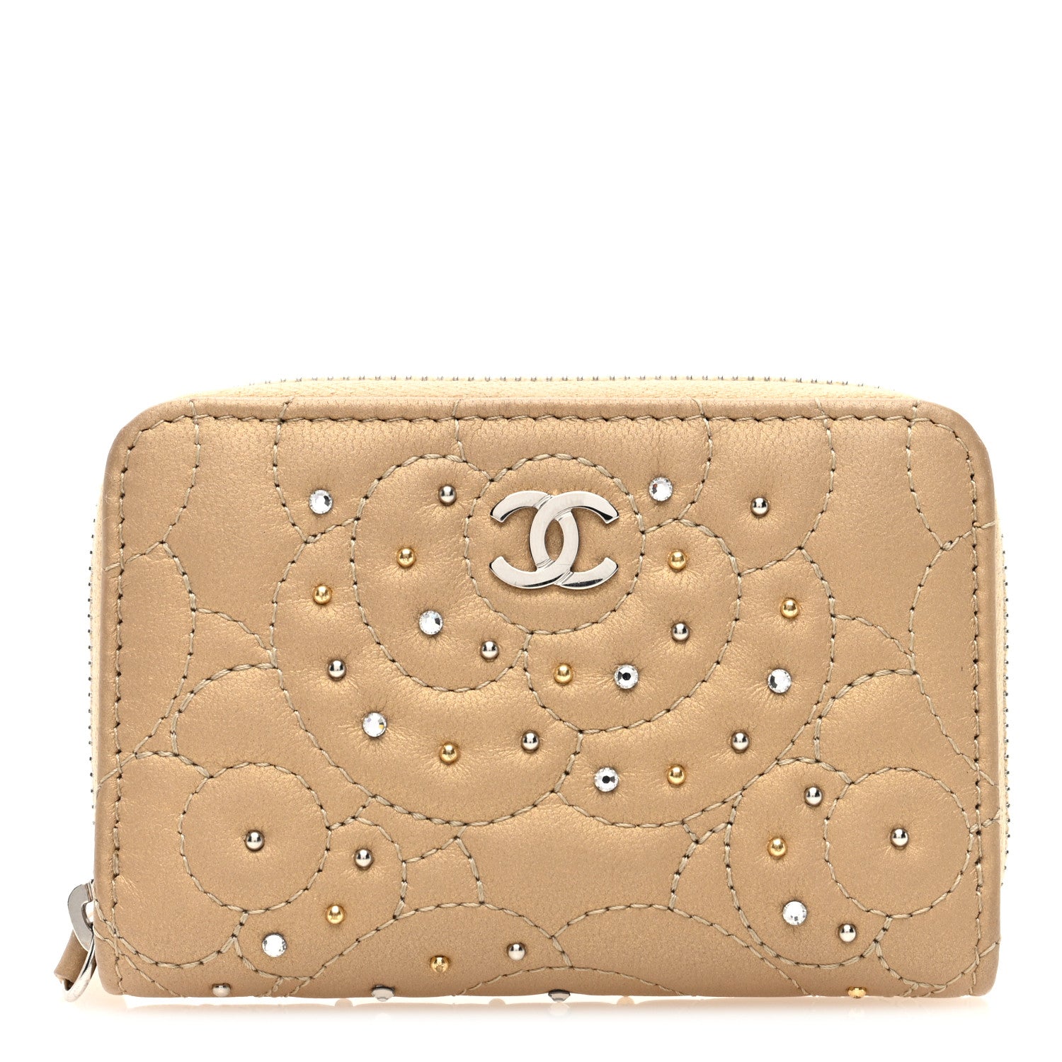 Metallic Lambskin Crystal Camellia Embossed Zip Coin Purse  Gold