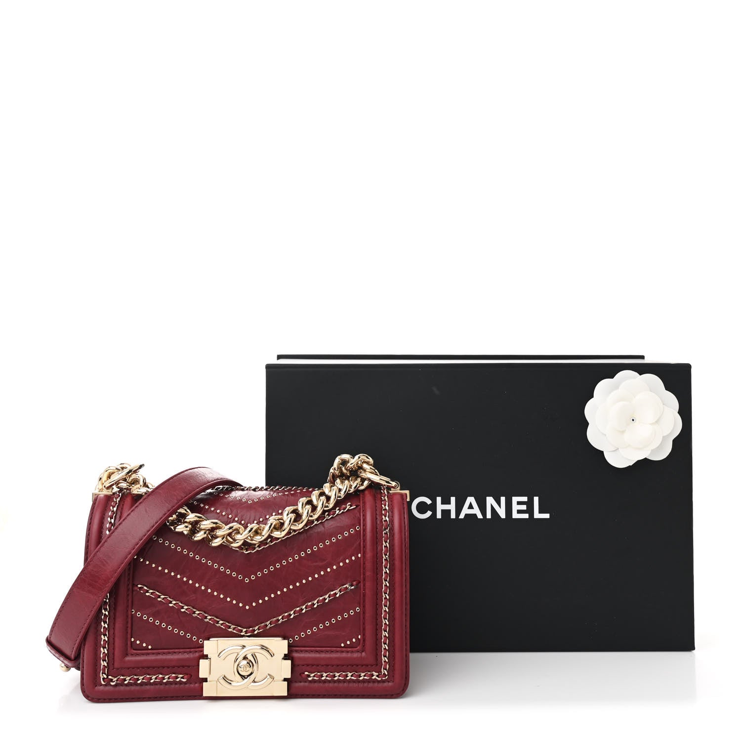Crumpled Calfskin Chevron Small Chain Boy Flap Burgundy