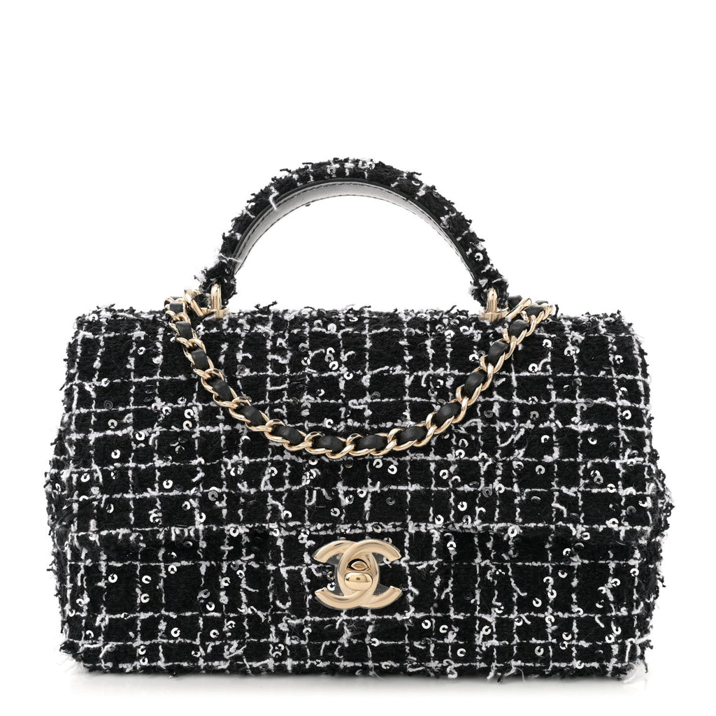 Tweed Quilted Mini Top Handle Rectangular Flap Black White