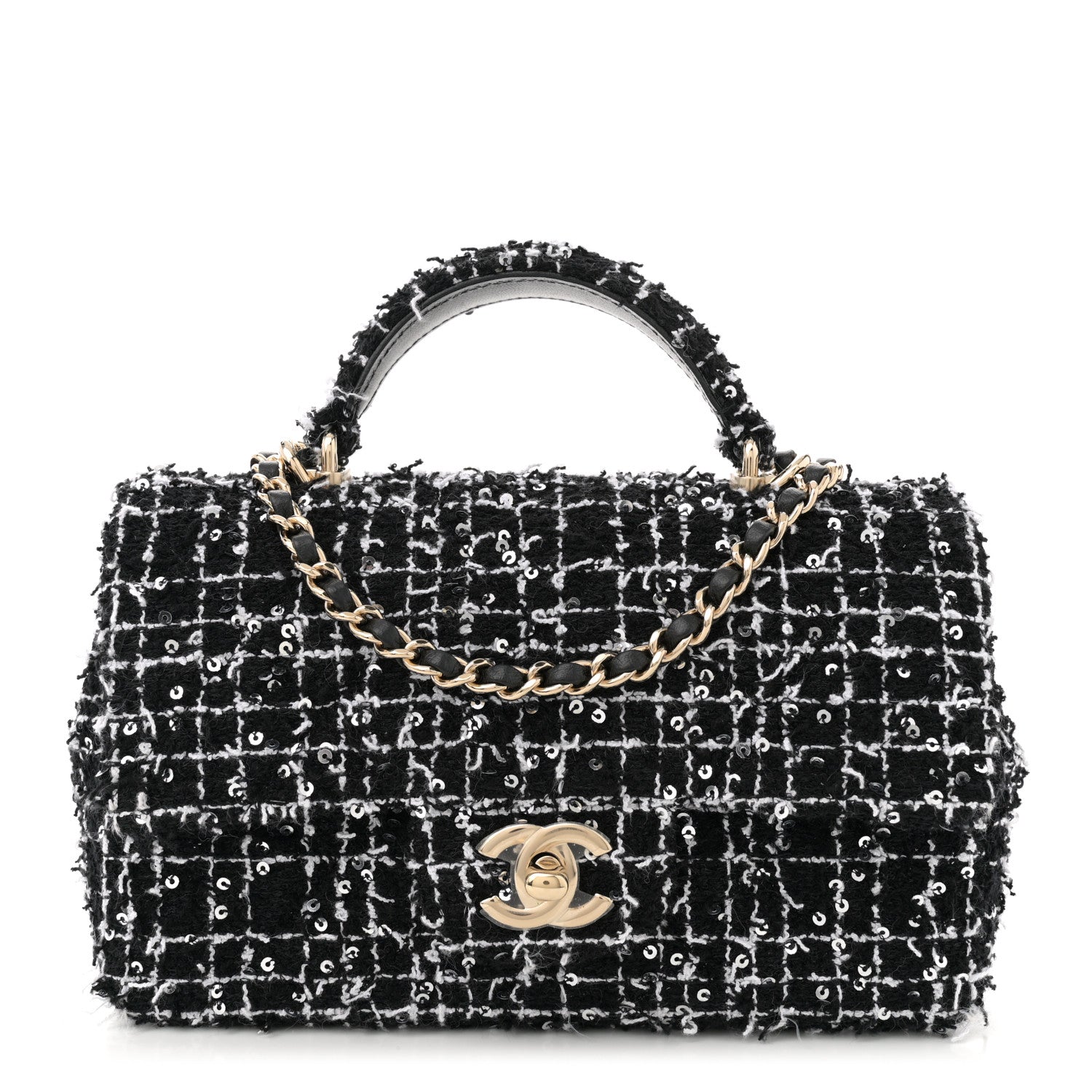 Tweed Quilted Mini Top Handle Rectangular Flap Black White