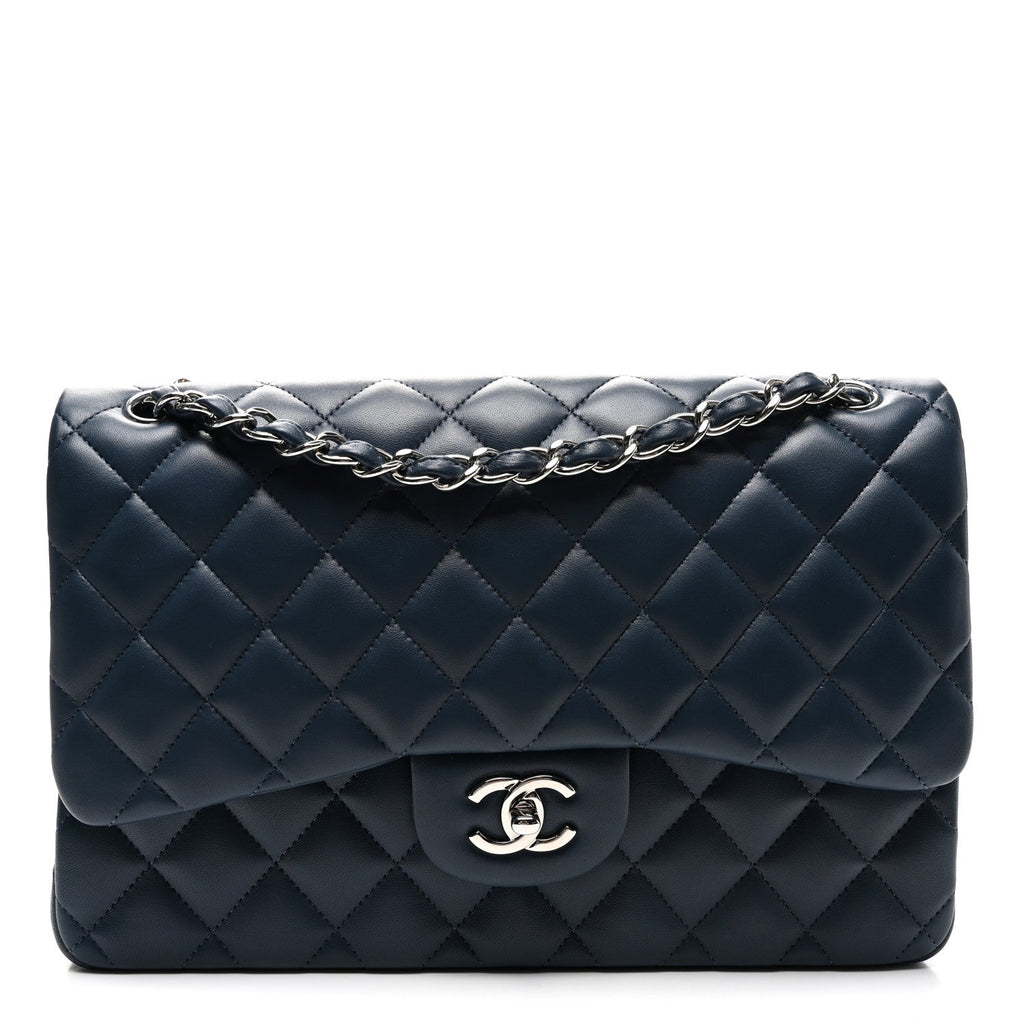 Lambskin Quilted Jumbo Double Flap Navy